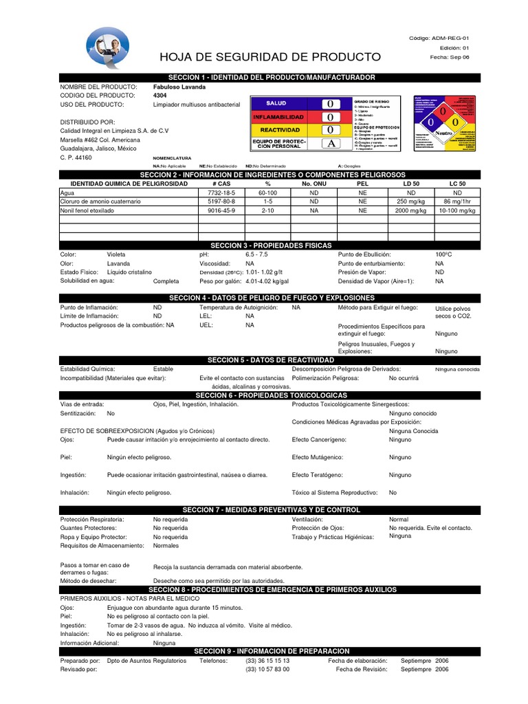 MSDS.Fabuloso Lavanda.pdf Sustancias químicas Química