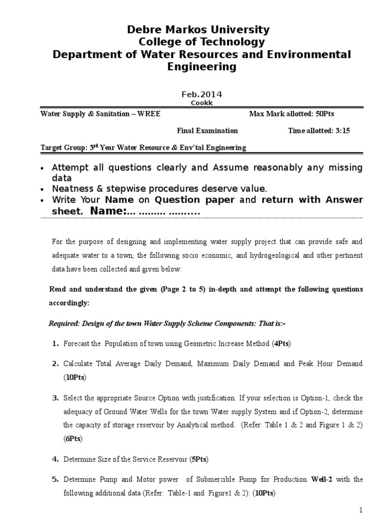 Water Supply and Sanitation Final Exam (1) Water Resources Water