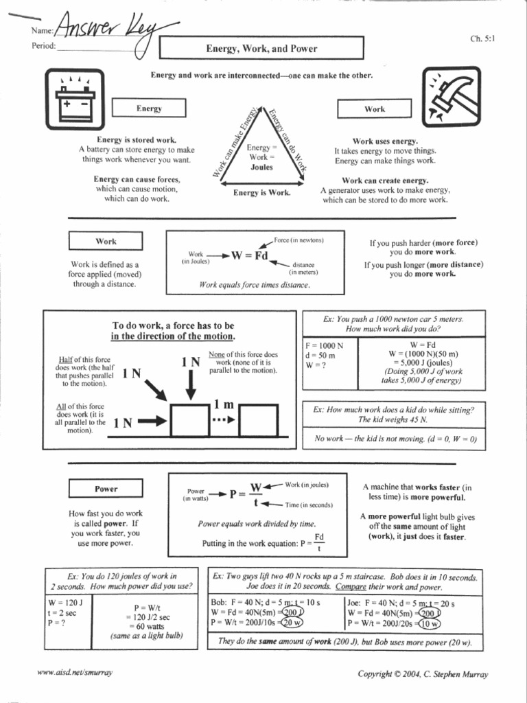 energy work power worksheet answer key