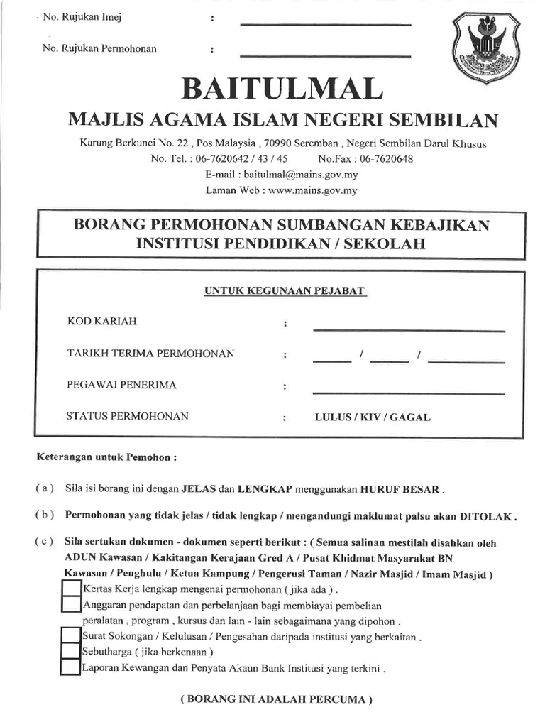Borang Permohonan Sumbangan Kebajikan Institusi Pendidikan Sekolah 2016 Pdf