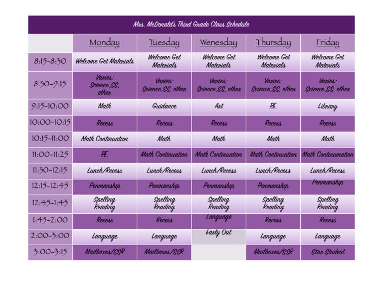 Third Grade Weekly Class Schedule | PDF | Language Arts & Discipline