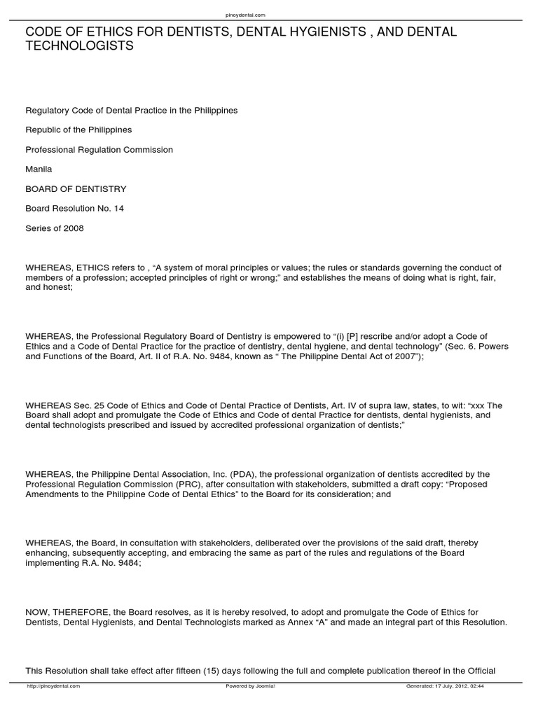 Board Reso. 14 Series of 2008 Code of Ethics Fro Dentists Etc PDF