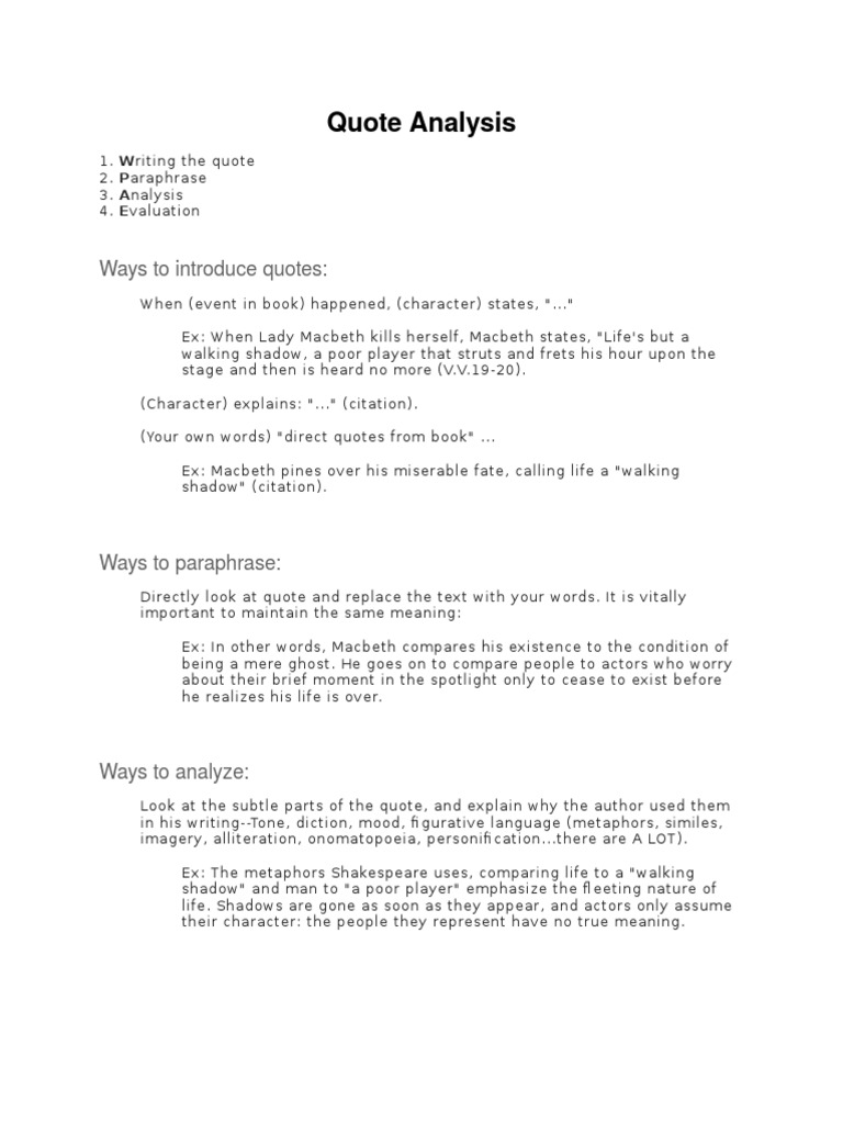 Quote Analysis Worksheet | Macbeth | Fiction & Literature