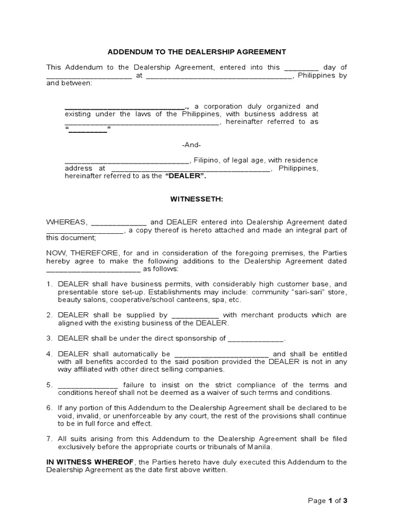 Dealership Agreement Addendum Template | PDF | Civil Law (Common Law ...