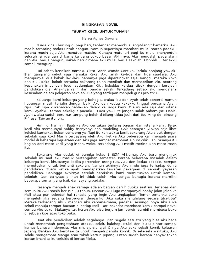 Ringkasan Novel Surat Kecil Untuk Tuhan