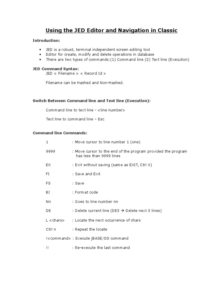 JED Editor Commands and Navigation Guide | PDF