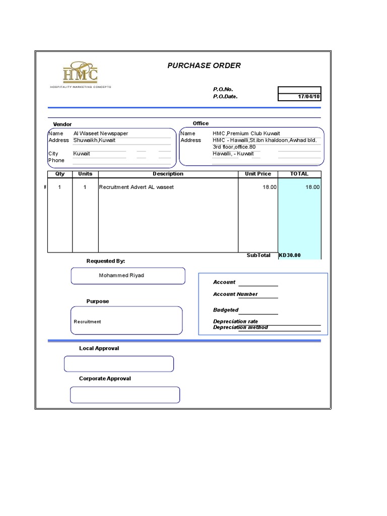 Purchase Order for Recruitment Ad | PDF