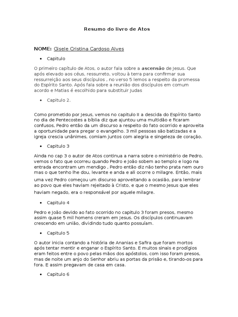 Resumo Do Livro de Atos PDF Atos dos apóstolos Apóstolo Paulo