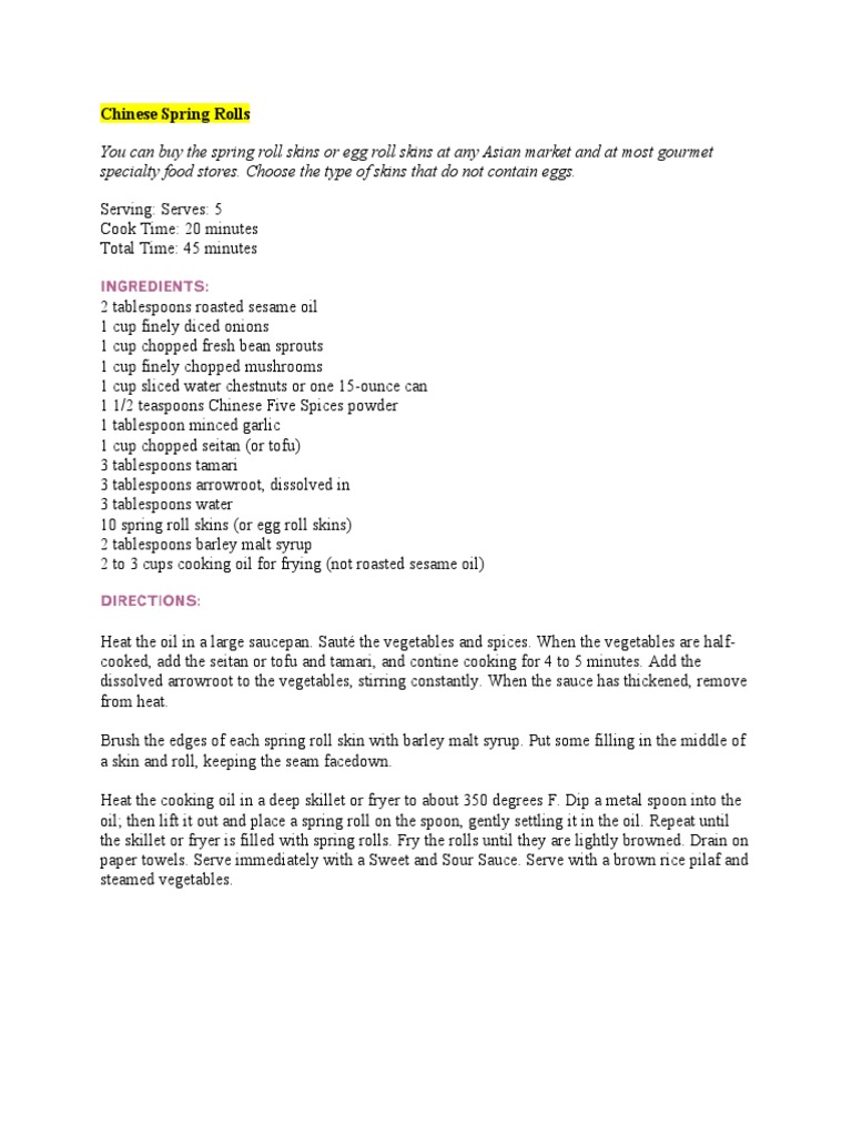 Easy Vegan Chinese Spring Rolls Recipe | PDF | Cooking, Food & Wine