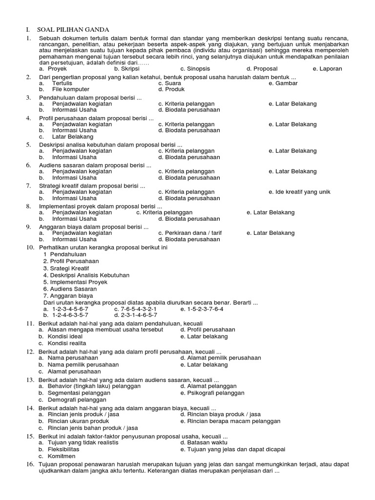 Soal Latihan Proposal Usaha