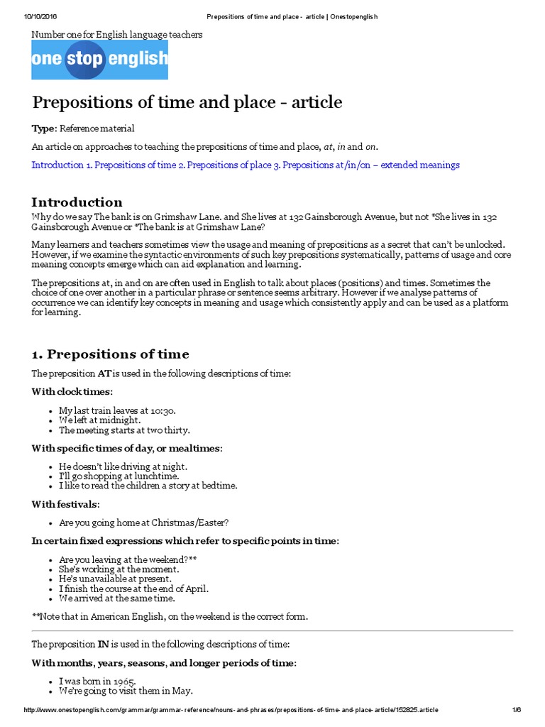 Prepositions of Time and Place - Article Found in | PDF | Preposition ...
