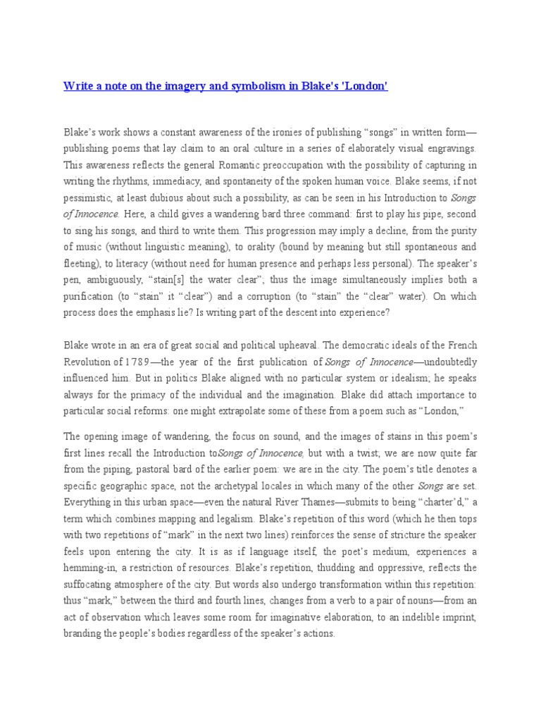 Write A Note On The Imagery and Symbolism in Blake | Download Free PDF ...
