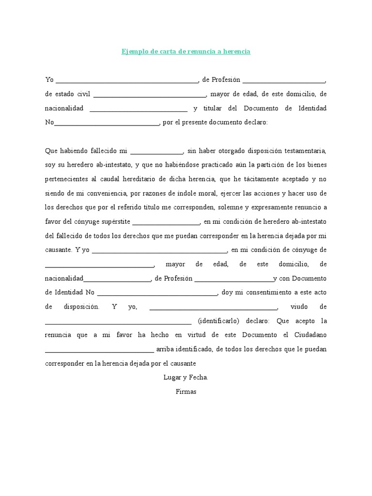 Carta de Renuncia a Una Herencia