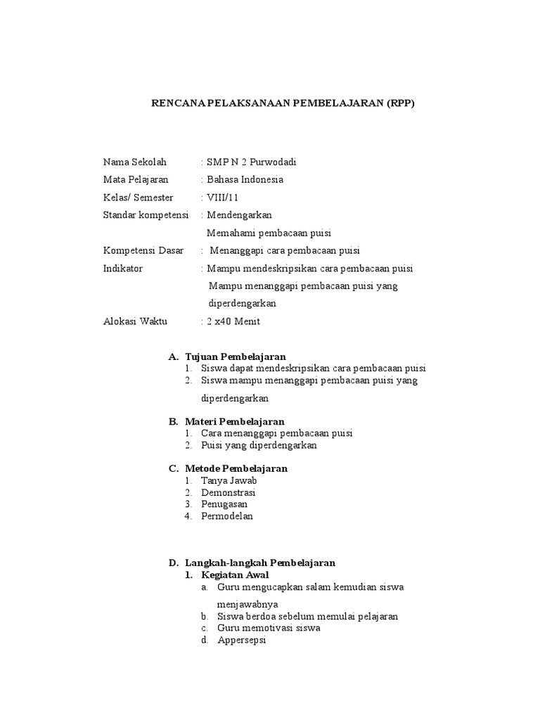 Rpp Bahasa Indonesia Kelas 2 Sd Tentang Puisi KT Puisi