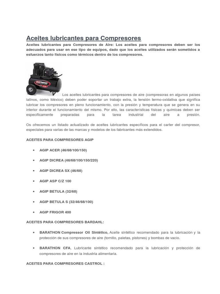 Aceites para Compresores de Aire | PDF | Lubricante | Compresor de gas