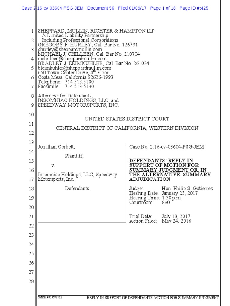 Corbett V Insomniac Motion For Summary Judgment Reply PDF Summary