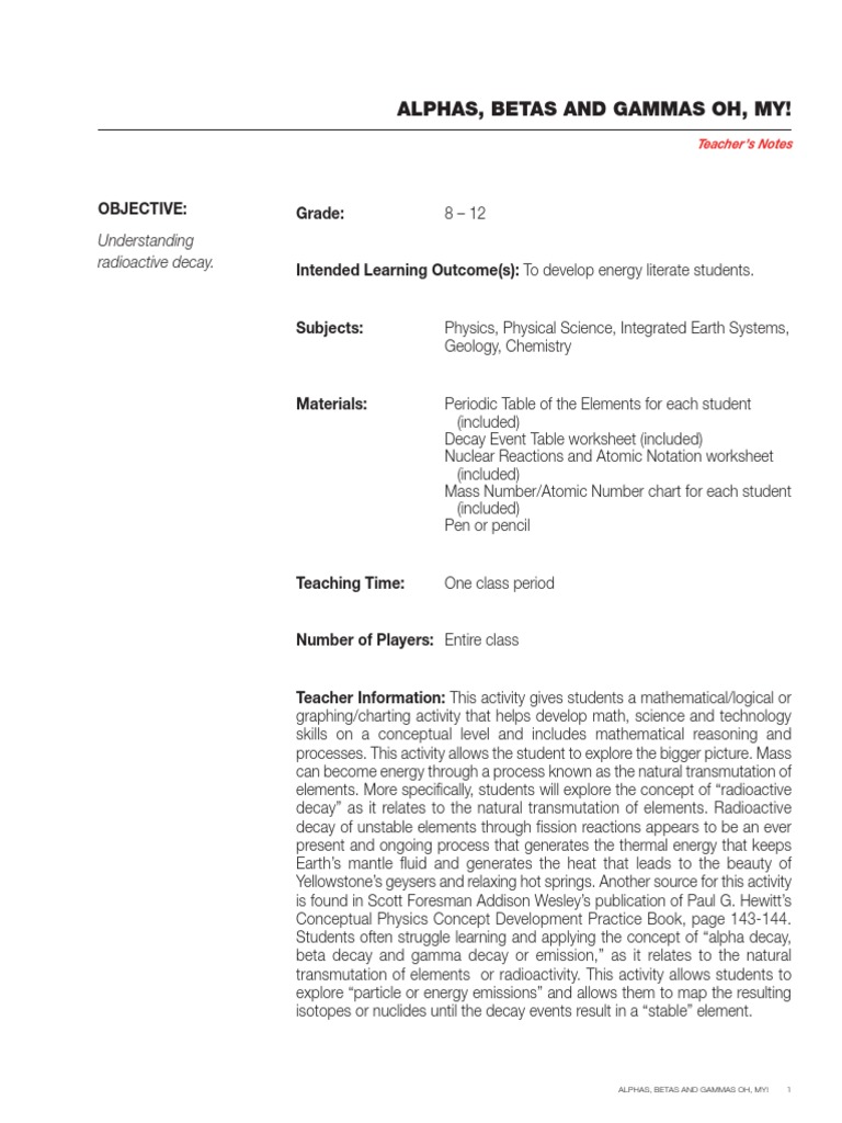 worksheet Nuclear Reaction Worksheet alpha beta gamma nuclear decay activity sheet radioactive neutron