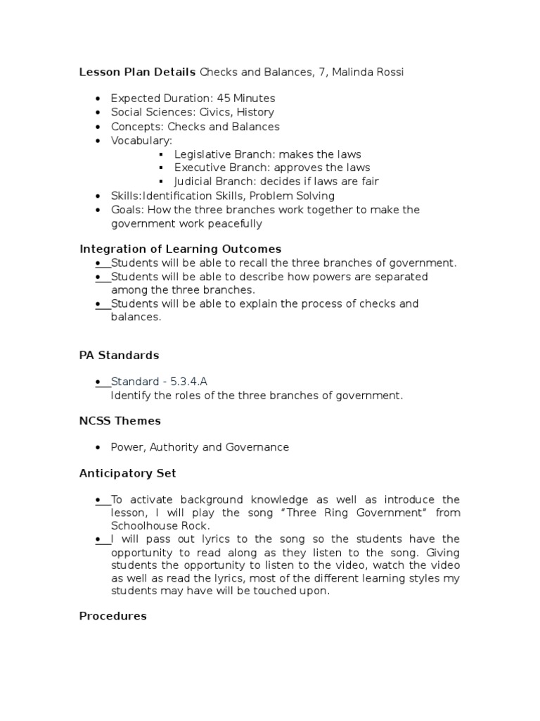 Checks and Balances Lesson Plan | PDF | Bill (Law) | Lesson Plan