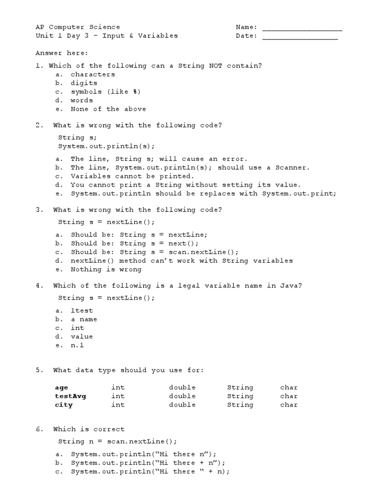 AP Computer Science: Input & Variables Guide | PDF
