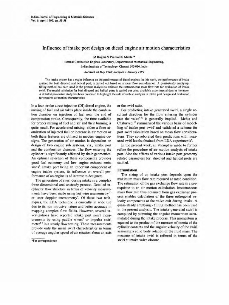Influence of Intake Port Design On Diesel Engine Air Motion ...