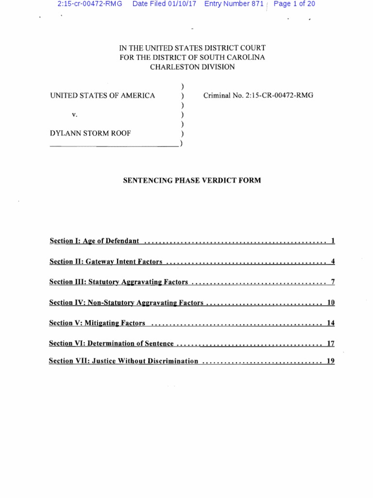Jury verdict form for dylann roof s federal hate crimes trial