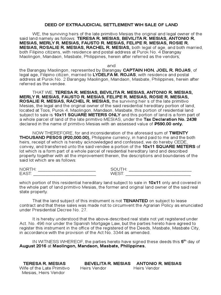 Deed of Extrajudicial Settlement Wih Sale of Land PDF Real Property Law Real Estate Law