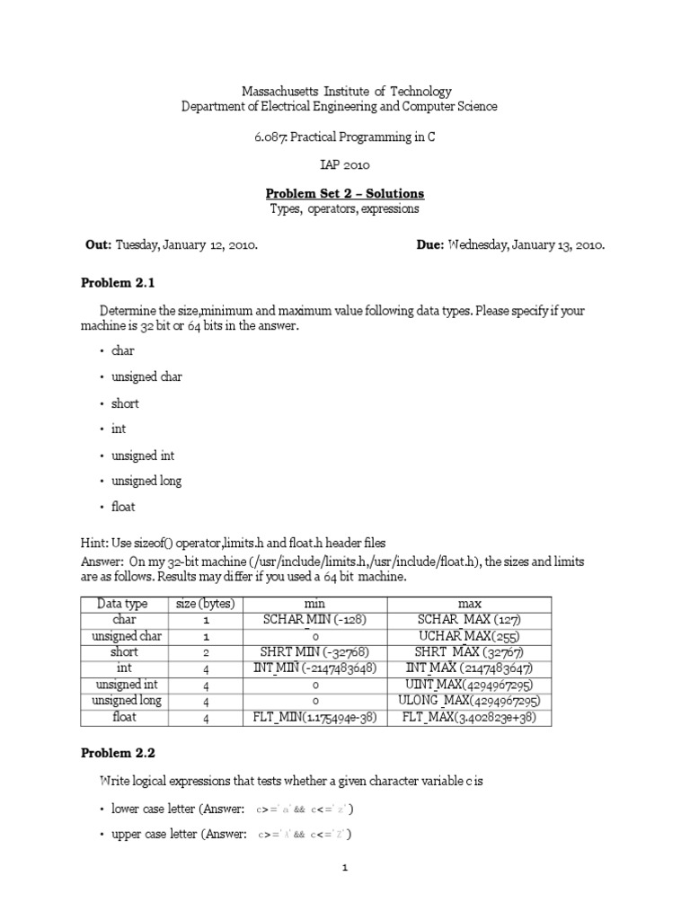 Problem Set 2 - Solutions: C && C C && C | PDF | Integer (Computer ...
