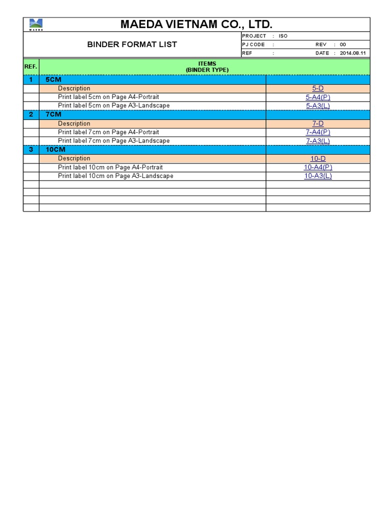 Maeda Vietnam Co., LTD.: Binder Format List | PDF