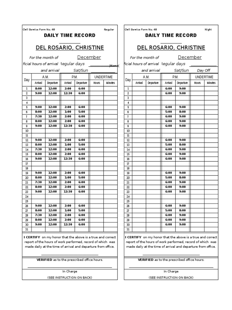 Daily Time Record Template Word