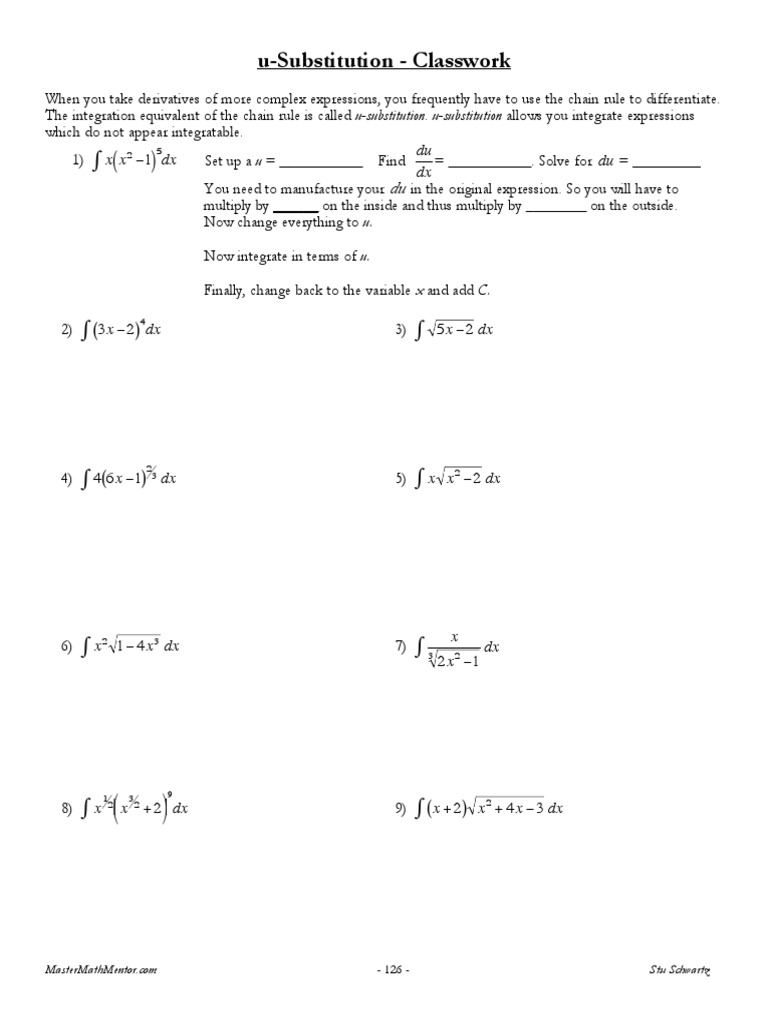 U Substitution Classwork: XX DX Du DX PDF