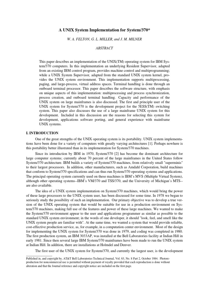 A UNIX System Implementation For System/370 : W. A. Felton, G. L ...