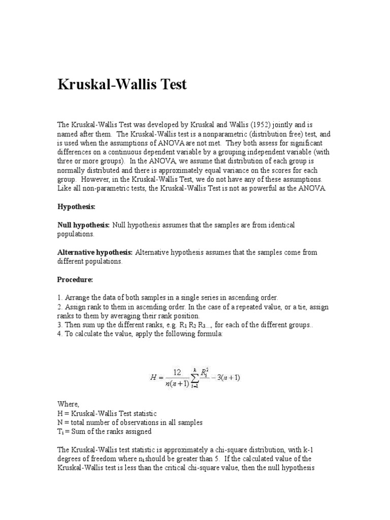 Kruskal Wallis Test Chi Squared Distribution Statistical Hypothesis