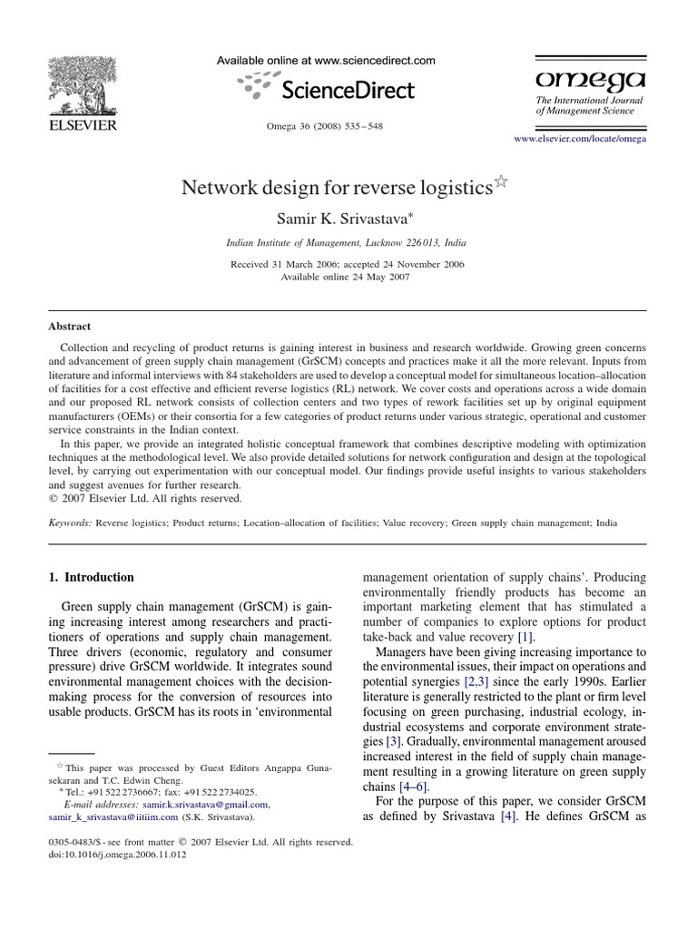 Network Design For Reverse Logistics | PDF | Supply Chain Management ...