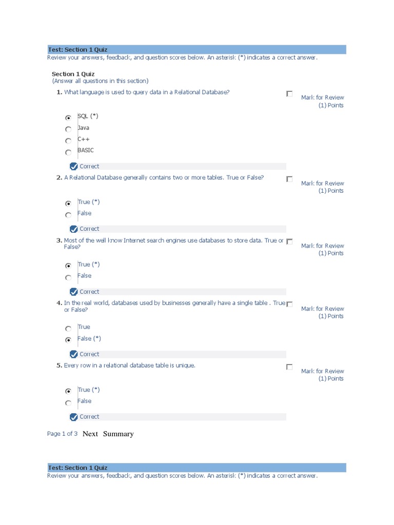 Answer Key Section 1 Quiz Oracle Database Programming With Sql Databases Sql
