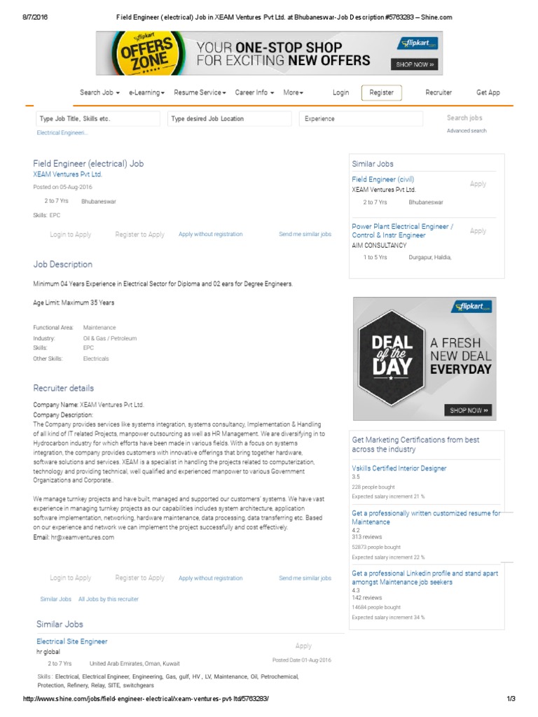 Field Engineer Electrical Job In Xeam Ventures Pvt Ltd At Bhubaneswar Job Description 5763283 Shine Engineer Linked In