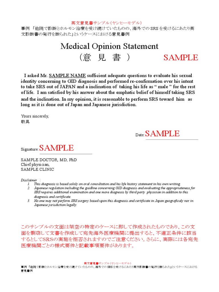 英文診断書 紹介状 意見書セット 意見書サンプル Pdf