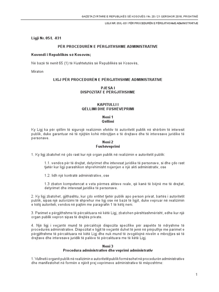 Ligji Nr. 05 L-031 Për Procedurën e Përgjithshme Administrative | PDF