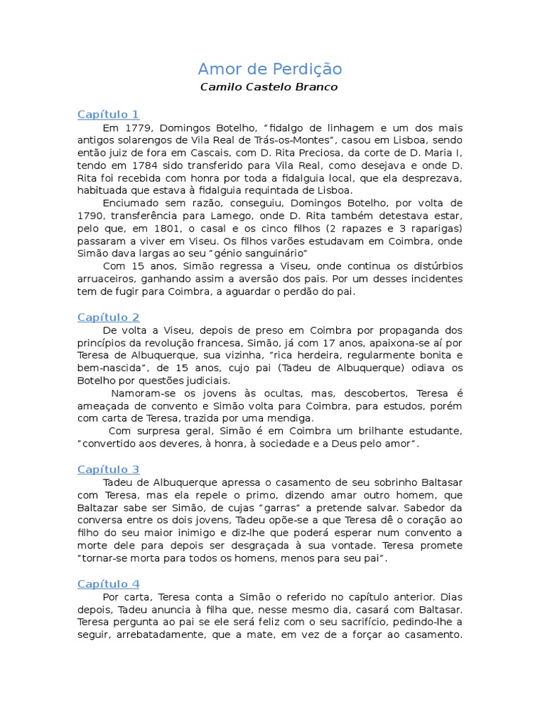 Amor de Perdicao Resumo Por Capitulos | PDF