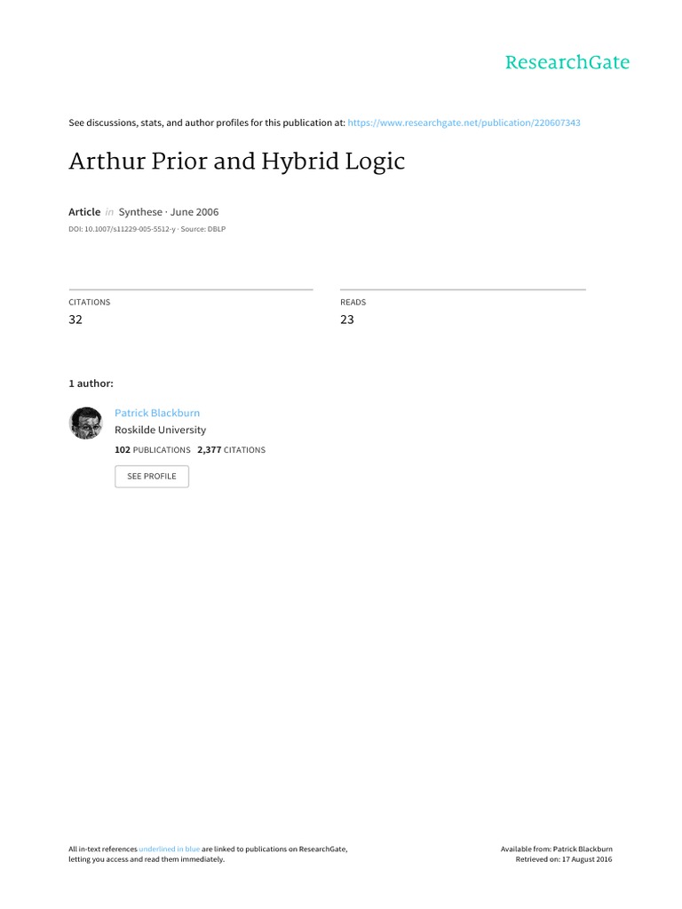 Arthur Prior and Hybrid Logic | PDF | First Order Logic | Model Theory