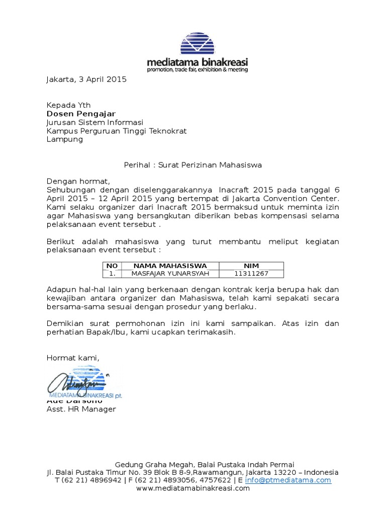 Contoh Surat Izin Untuk Mahasiswa