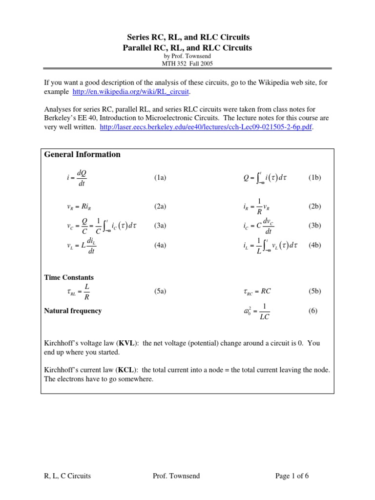 Series RC, RL, and RLC Circuits Parallel RC, RL, and RLC Circuits | PDF