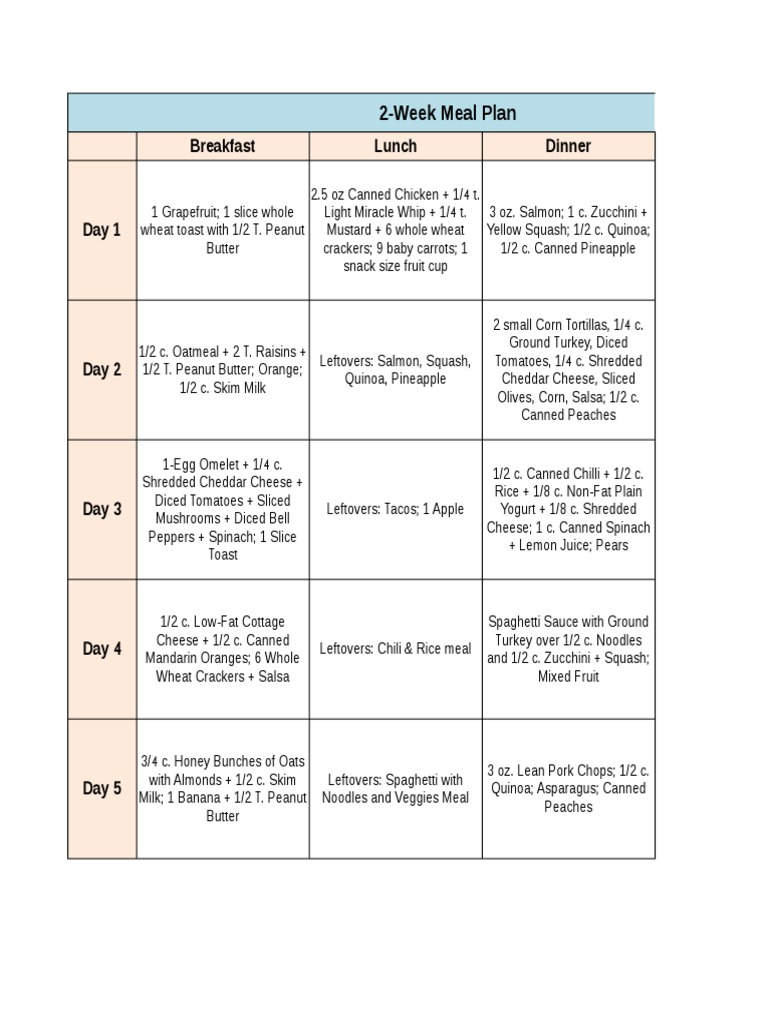 2-Week Meal Plan: Breakfast Lunch Dinner | PDF | Salad | Food And Drink ...
