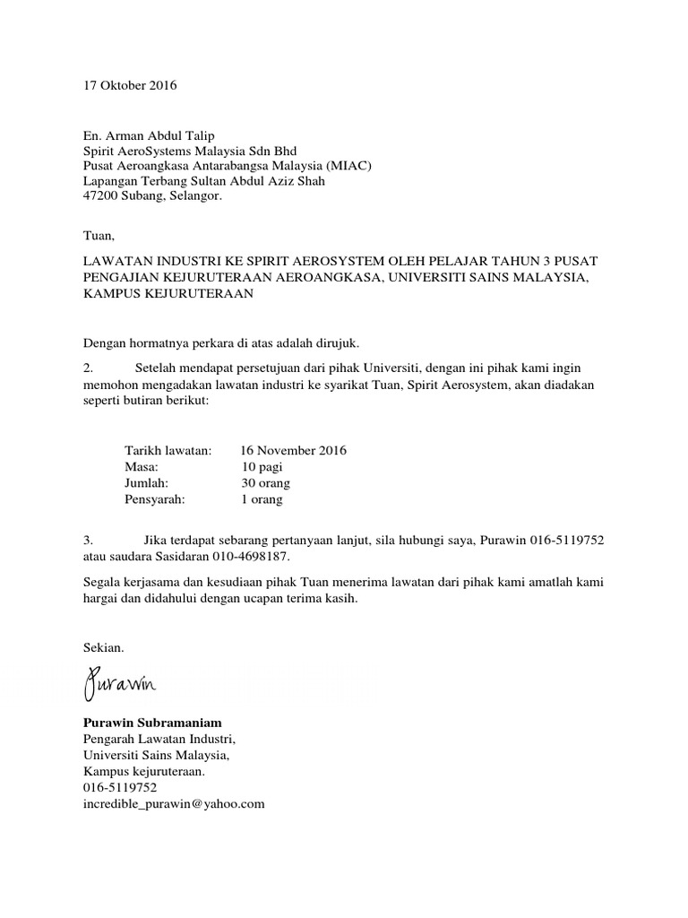 Surat Rasmi Memohon Lawatan Industri Spirit Pdf