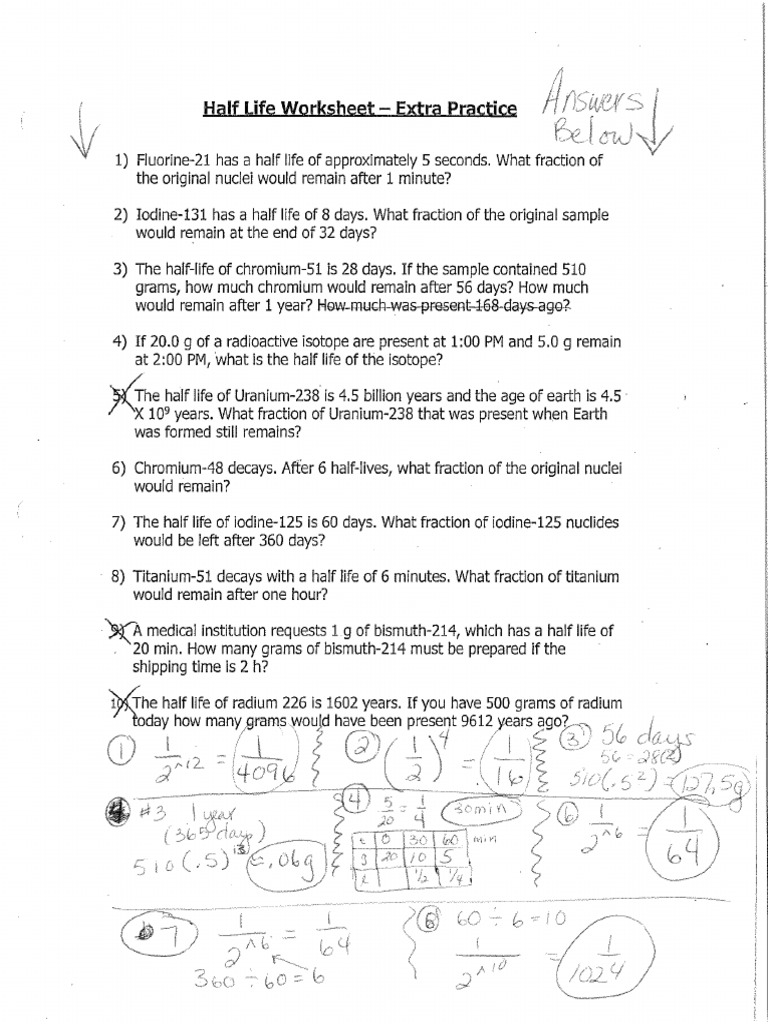 Half Life Worksheet Extra Practice Answers