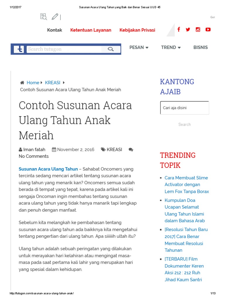 Susunan Acara Ulang Tahun Yang Baik Dan Benar Sesuai UUD 45