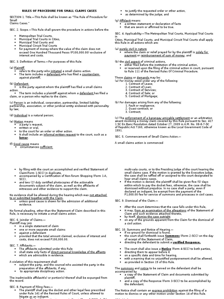 Rules of Procedure For Small Claims Cases PDF Settlement