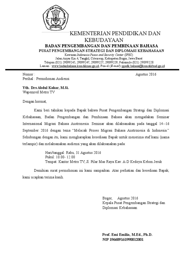 Contoh Surat Permohonan Audiensi Ke Kementerian