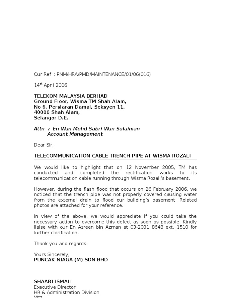 016 Letter To Telekom Rectify Cable Trunking | PDF