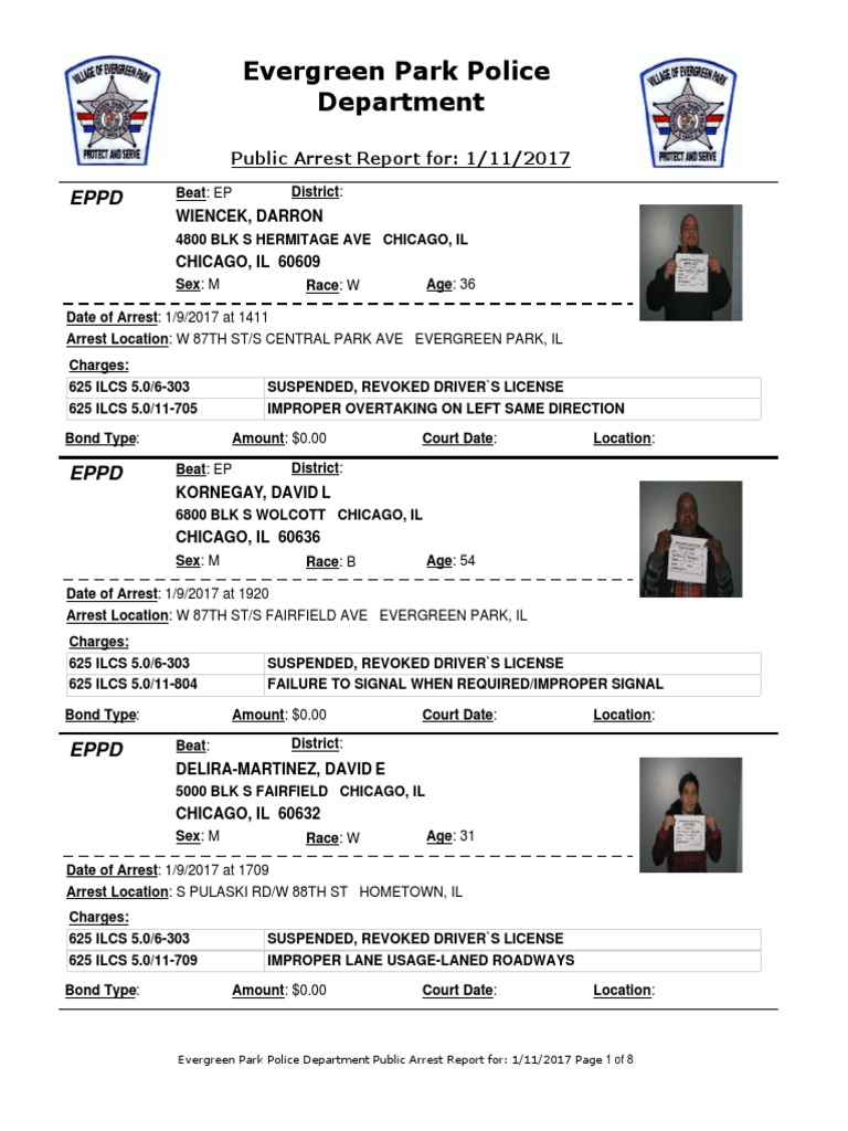 Evergreen Park Arrests Jan. 1, 2017 To Jan. 9, 2017 PDF Driver's