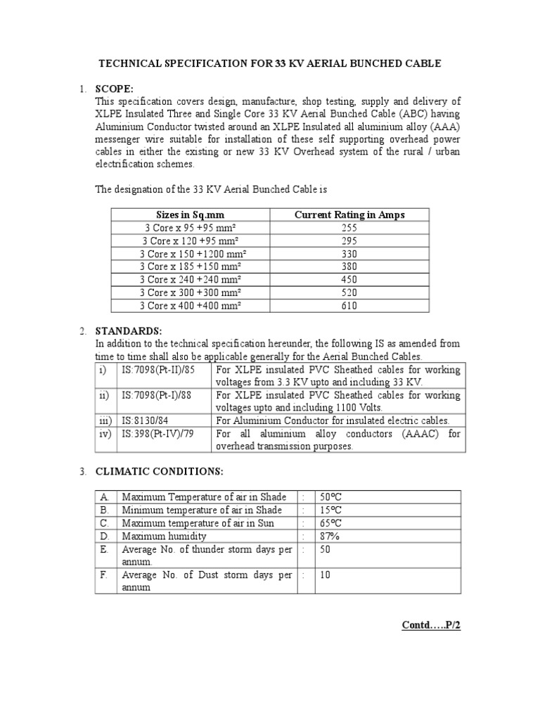 33 KV Aerial Bunched Cable Specification | PDF | Cable | Insulator ...